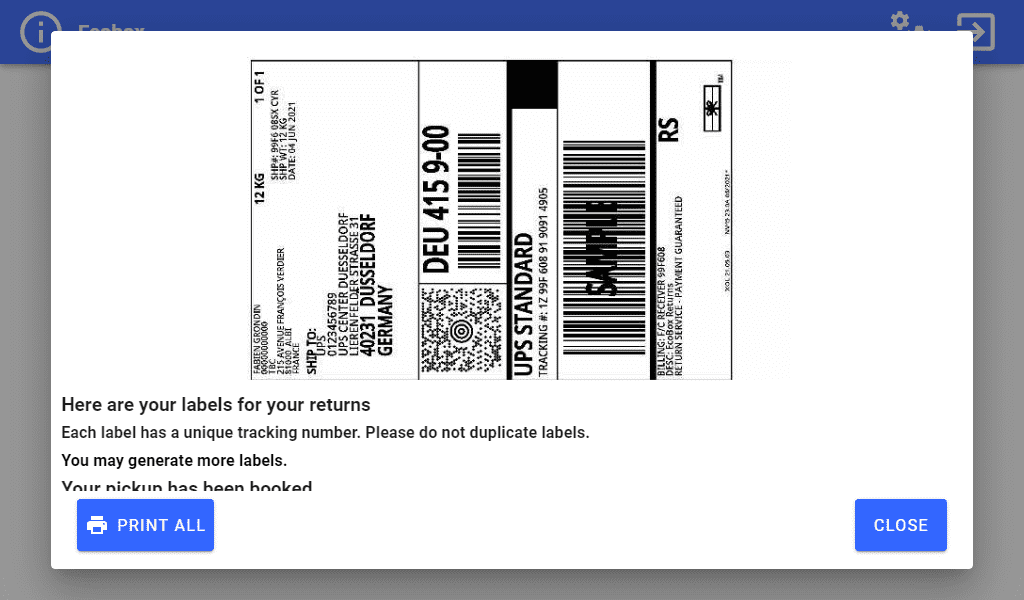 Ecobox configuration screen return label to be printed