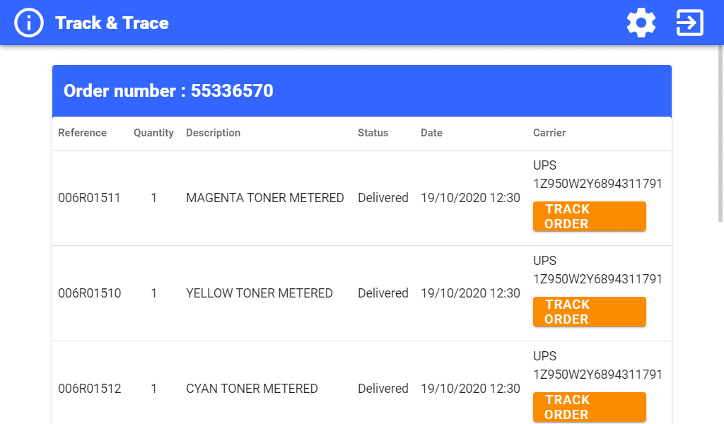 Track & Trace configuration screen Order number