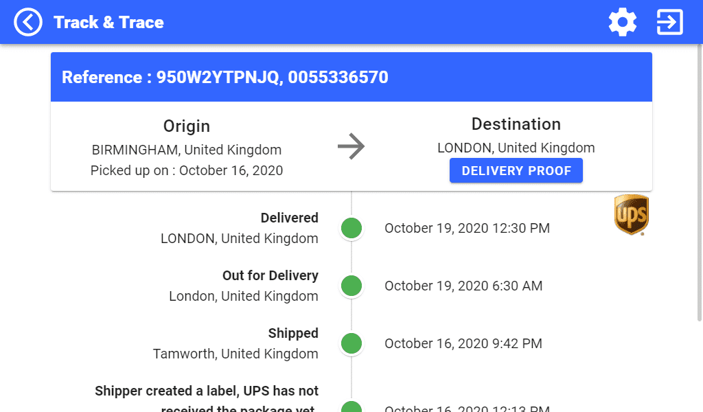 Track & Trace configuration screen Reference, Origin and Destination