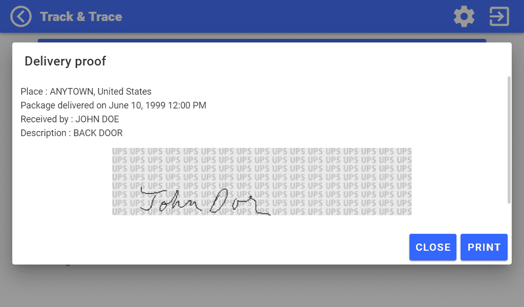 Track & Trace configuration screen Proof of delivery